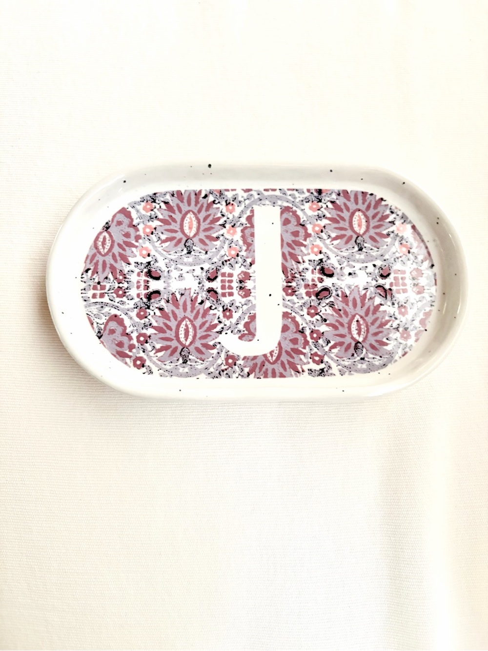 Anthropologie Oval Ceramic Vanity Tray in Pink and White with Monogram J, NWT